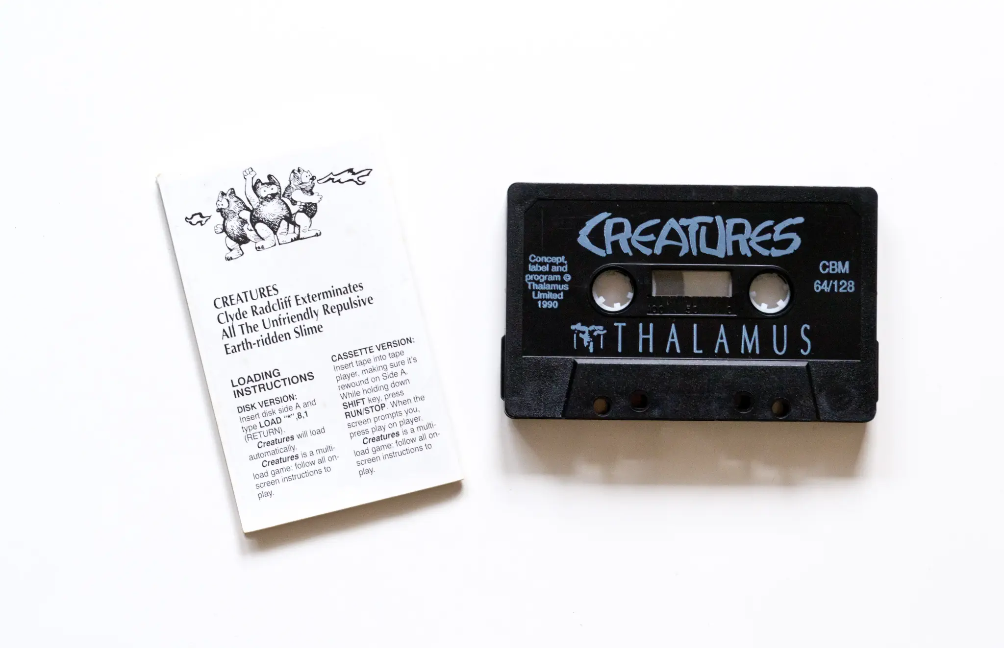 Photo of the content of Creatures (1990, C64, EU); developed by Apex Computer Productions, published by Thalamus Ltd; Hi-res 3D box available at https://bigboxcollection.com