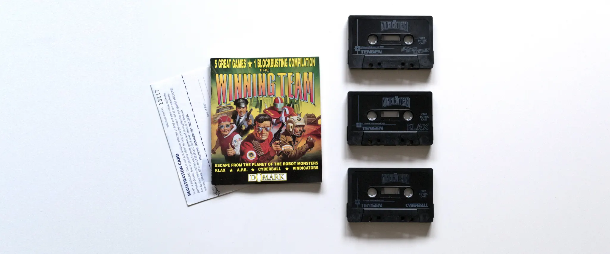 Photo of the content of Winning Team (1991, C64, UK, Compilation) Photo of the content of Winning Team (1991, C64, UK, Compilation); developed by Various, published by Domark Software Ltd.; Hi-res 3D box available at https://bigboxcollection.com