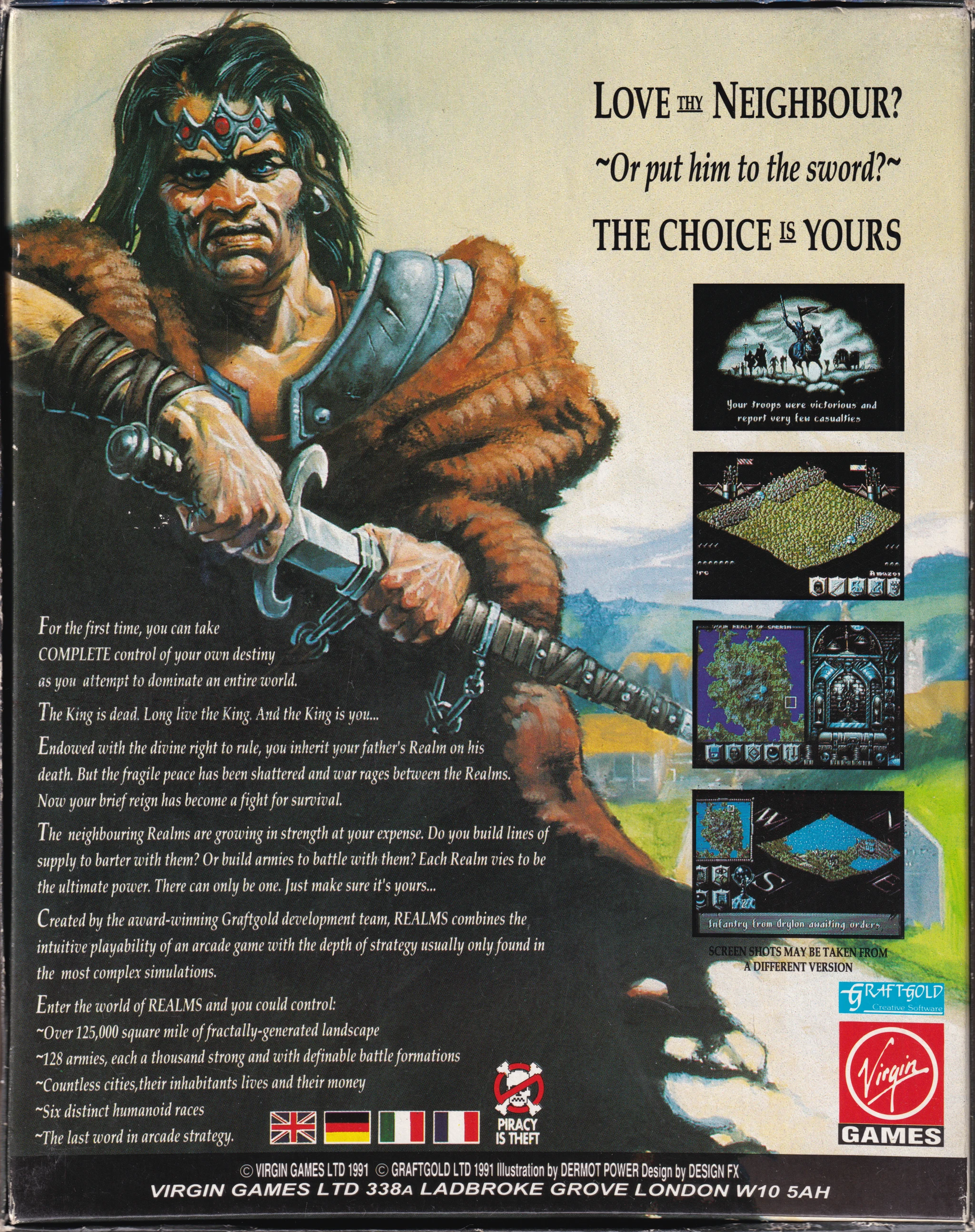 Hi-res scan of the back cover artwork of Realms (1992, PC, EU); developed by , published by ; Hi-res 3D box available at https://bigboxcollection.com