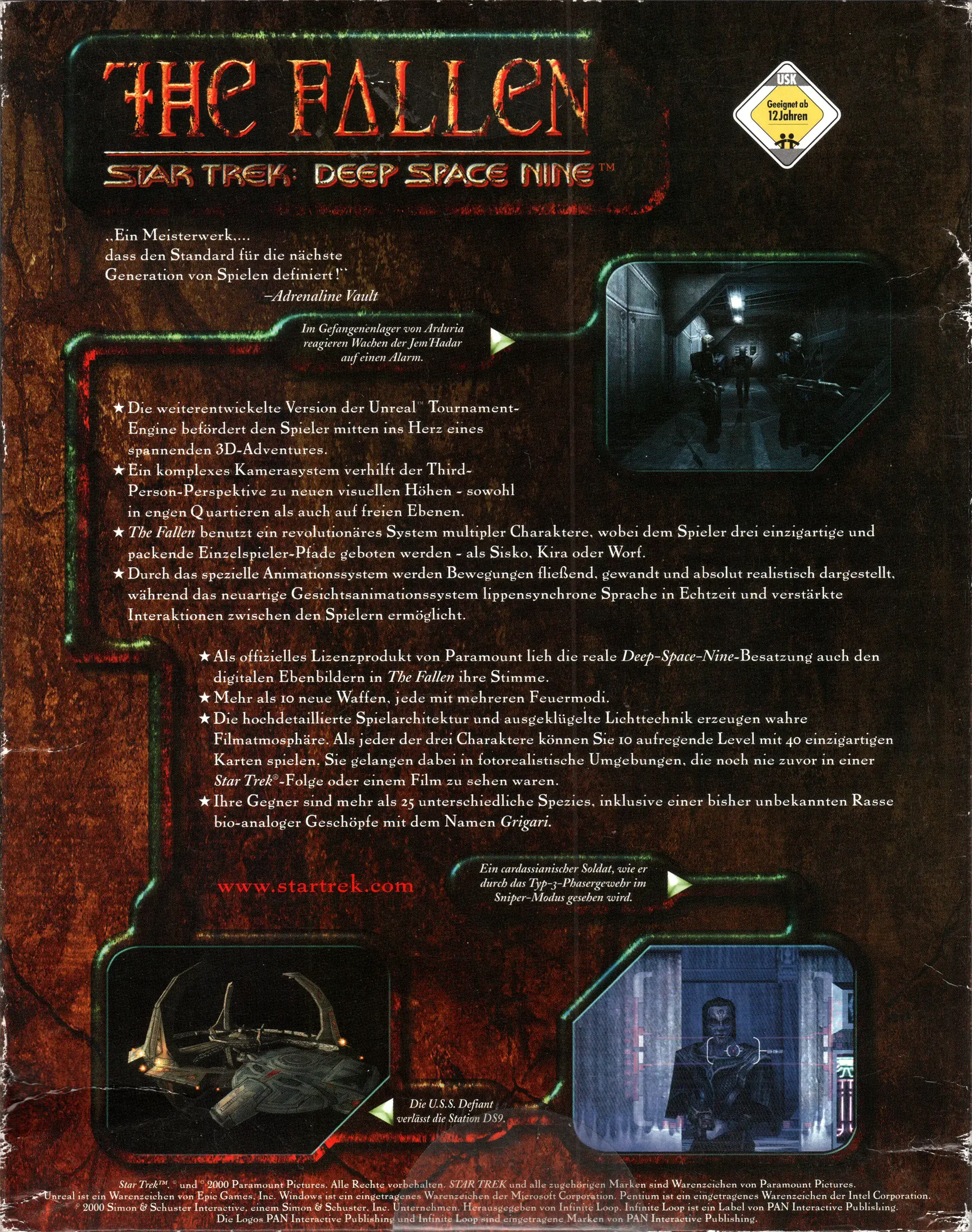 Hi-res scan of the back cover artwork of Star Trek: Deep Space Nine - The Fallen (2000, PC, DE); developed by , published by ; Hi-res 3D box available at https://bigboxcollection.com