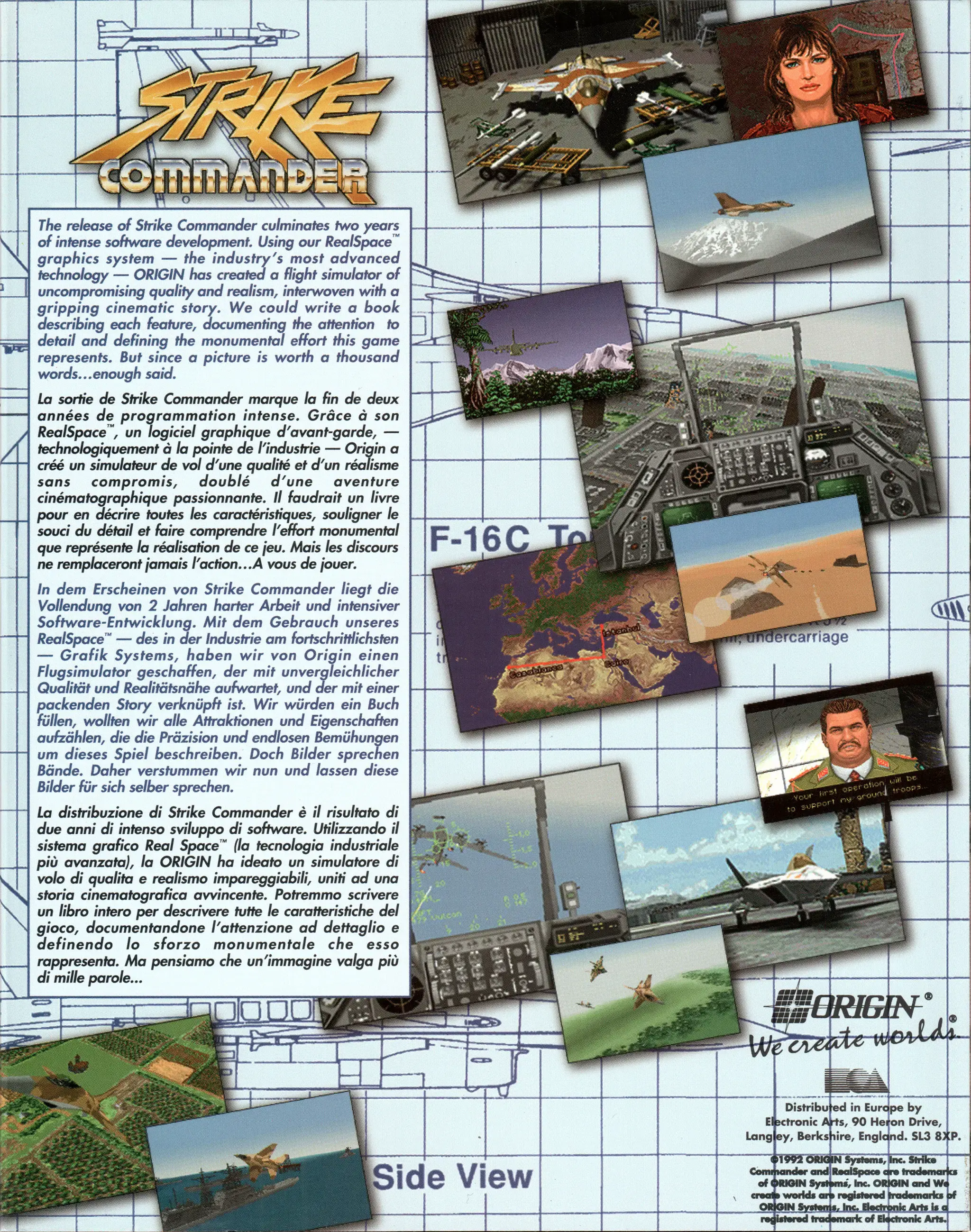 Hi-res scan of the back cover artwork of Strike Commander (1993, PC, EU); developed by , published by ; Hi-res 3D box available at https://bigboxcollection.com