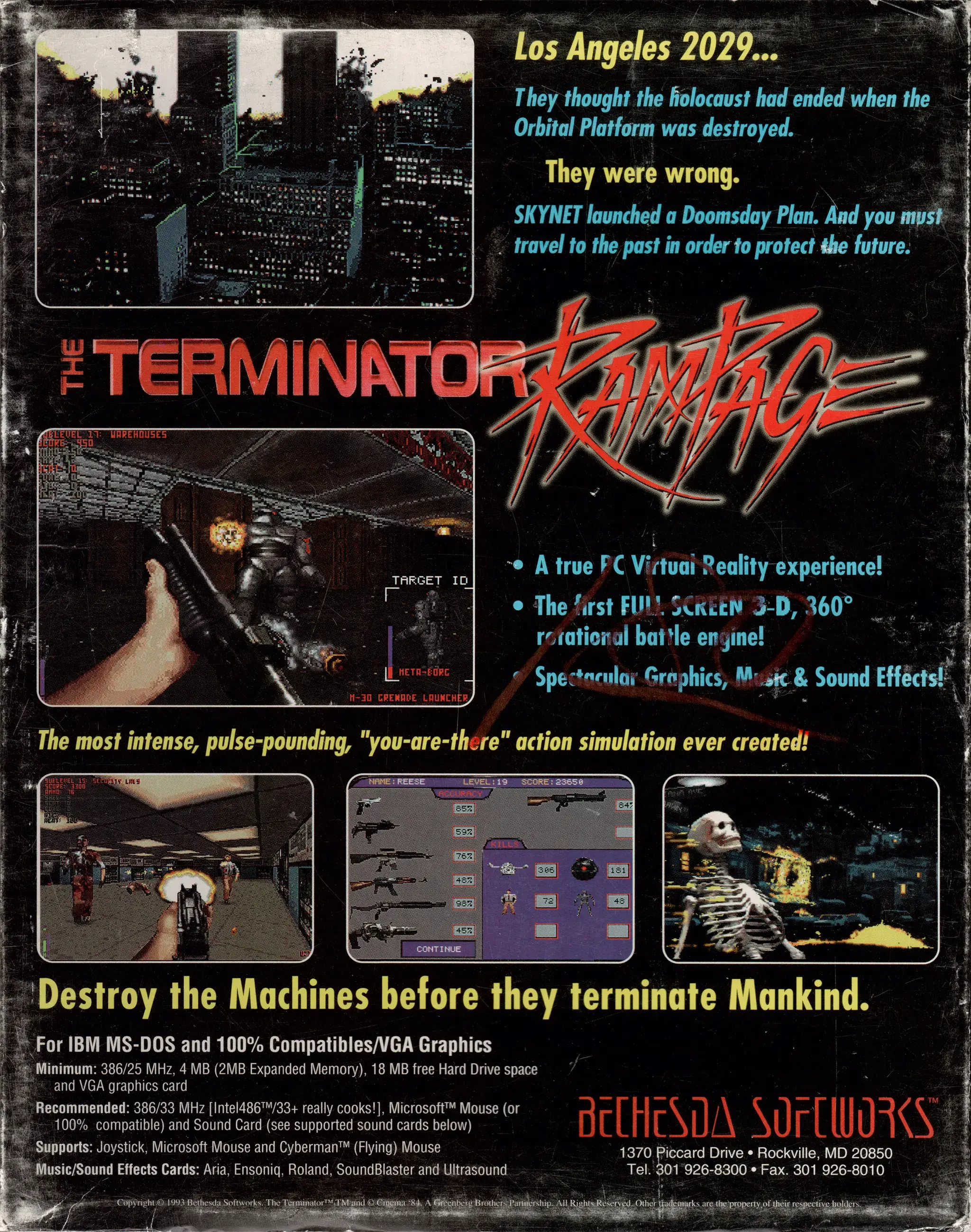 Hi-res scan of the back cover artwork of The Terminator: Rampage (1993, PC, US); developed by , published by ; Hi-res 3D box available at https://bigboxcollection.com