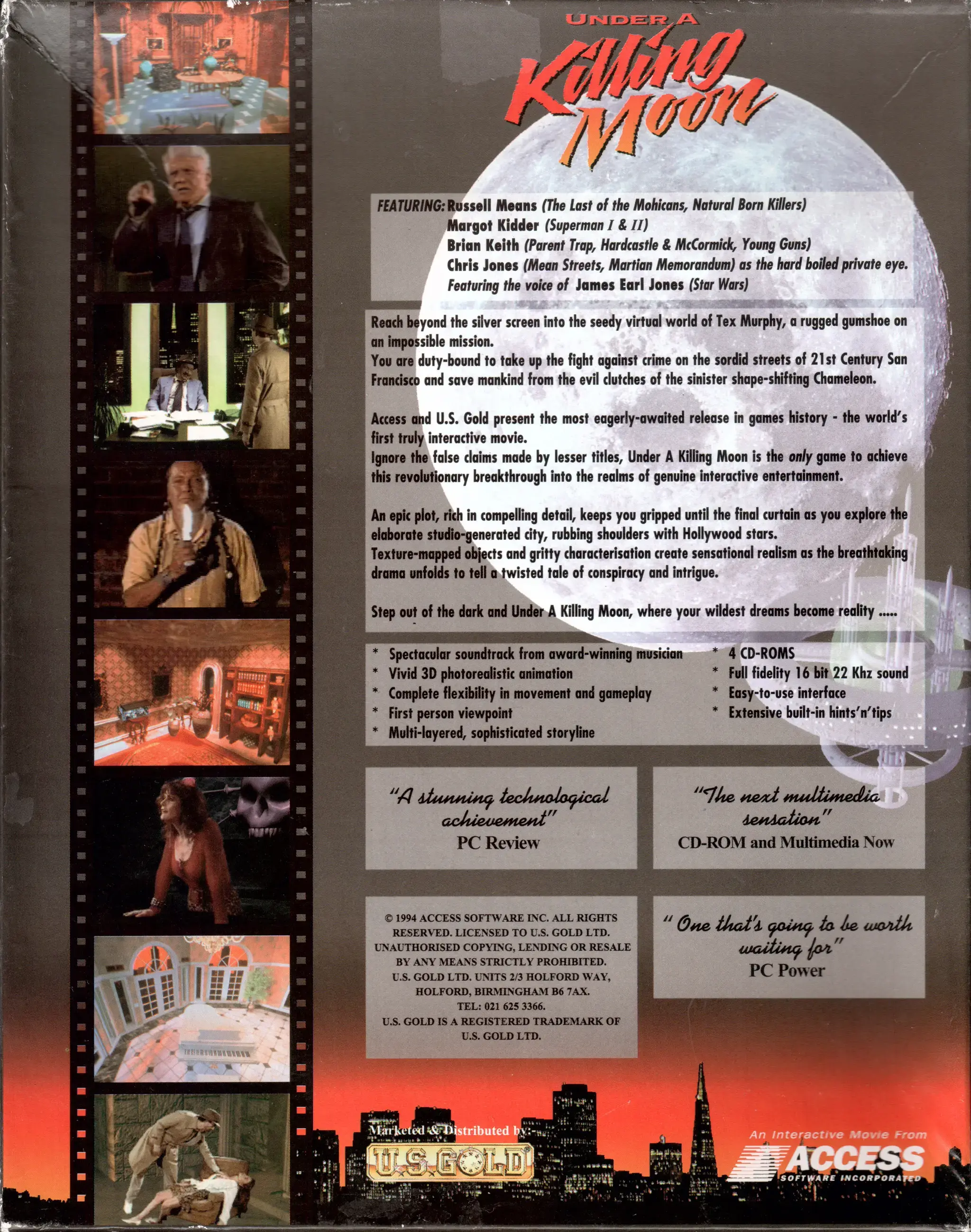 Hi-res scan of the back cover artwork of Tex Murphy: Under a Killing Moon (1994, PC, EU); developed by , published by ; Hi-res 3D box available at https://bigboxcollection.com