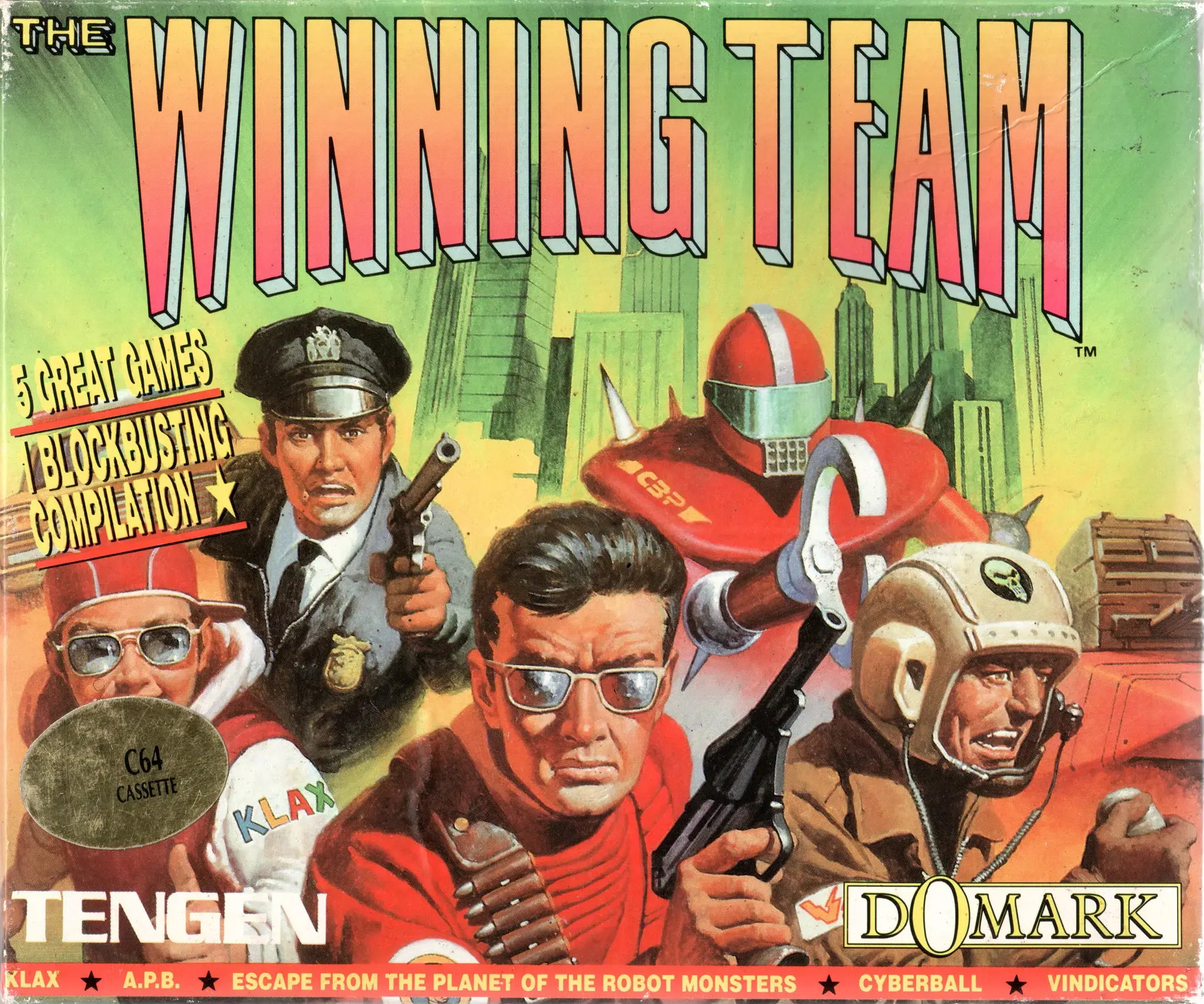 Hi-res scan of the front cover artwork of Winning Team (1991, C64, UK, Compilation); developed by , published by ; Hi-res 3D box available at https://bigboxcollection.com